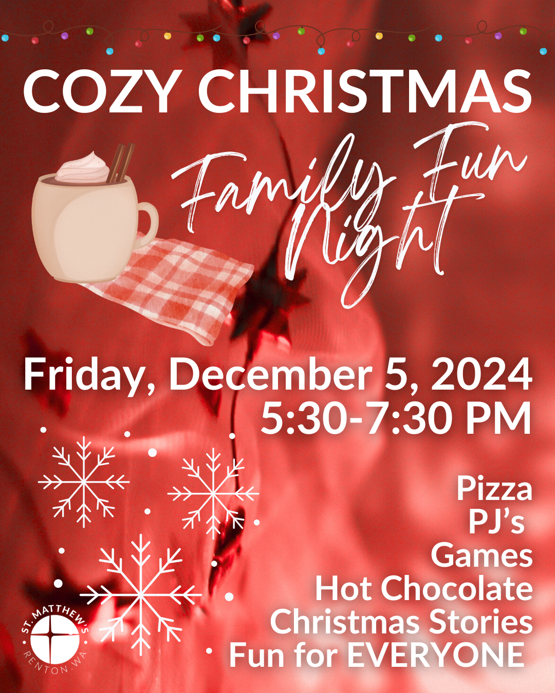 Cozy Christmas Family Fun Night flyer with mug, red blanket, date, time, and pizza, games, hot chocolate
