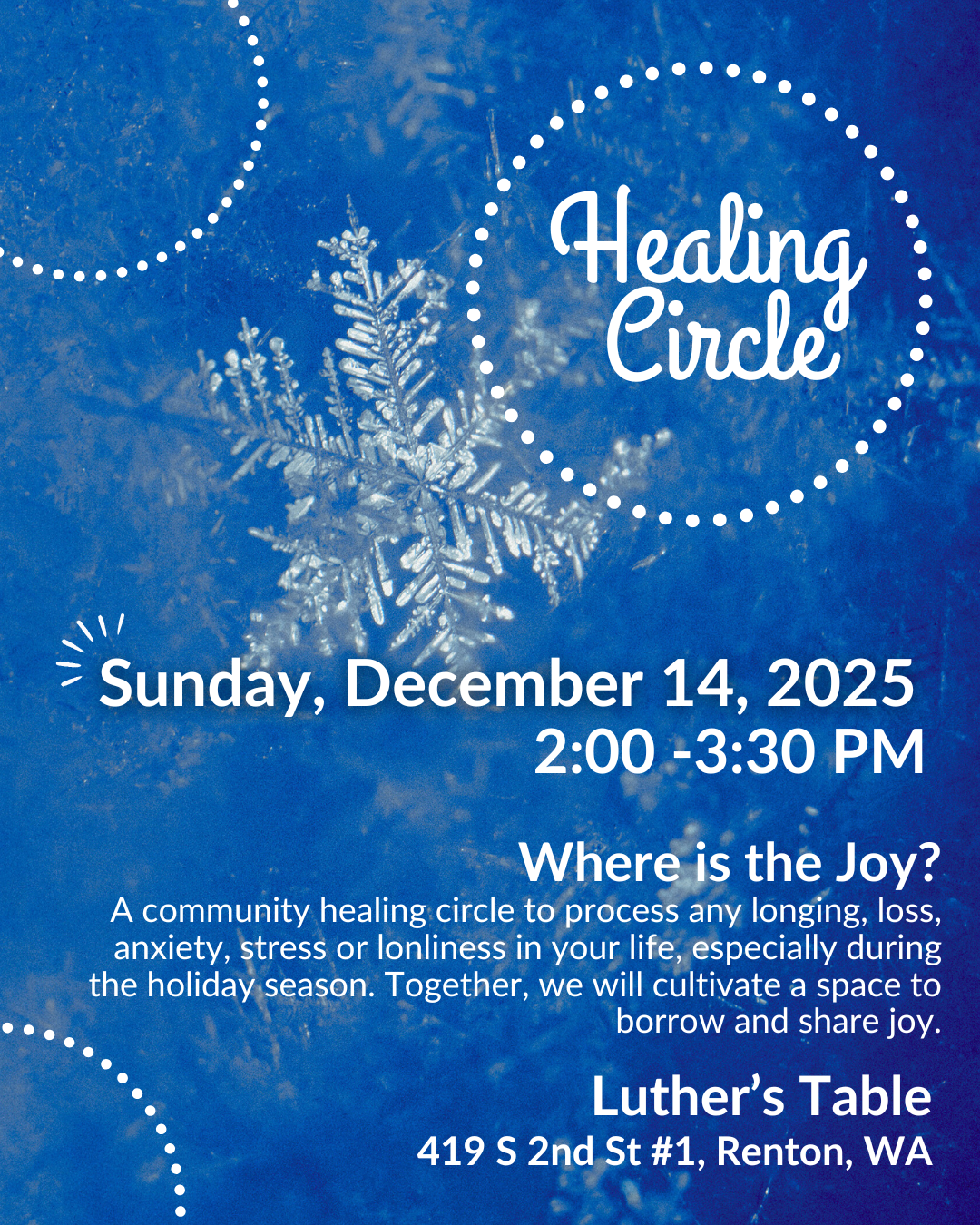 Blue flyer for a Healing Circle at Luther’s Table, Sunday Dec. 14, 2025, 2:00–3:30 PM