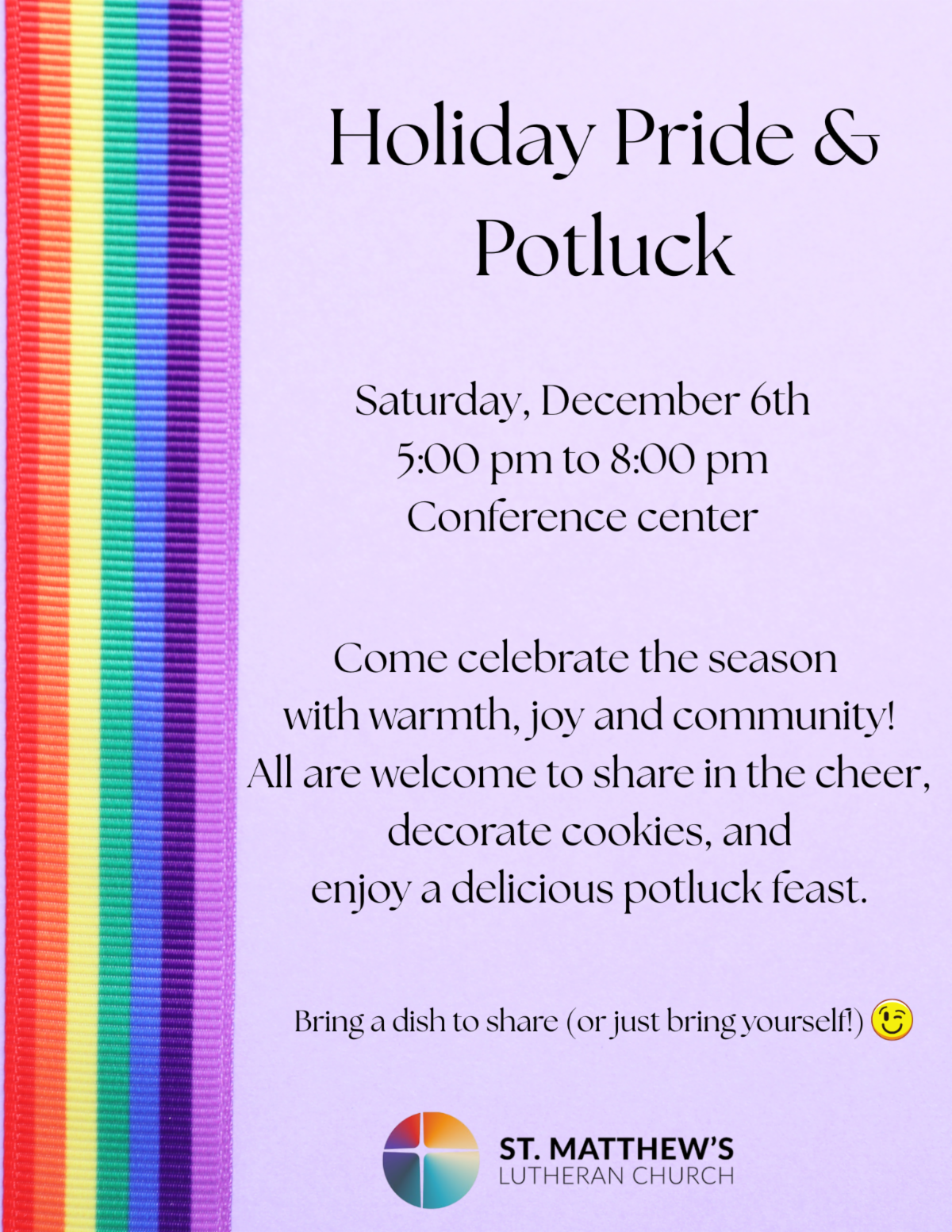 Holiday Pride & Potluck event flyer for St. Matthew’s, with date, time, and conference center location.