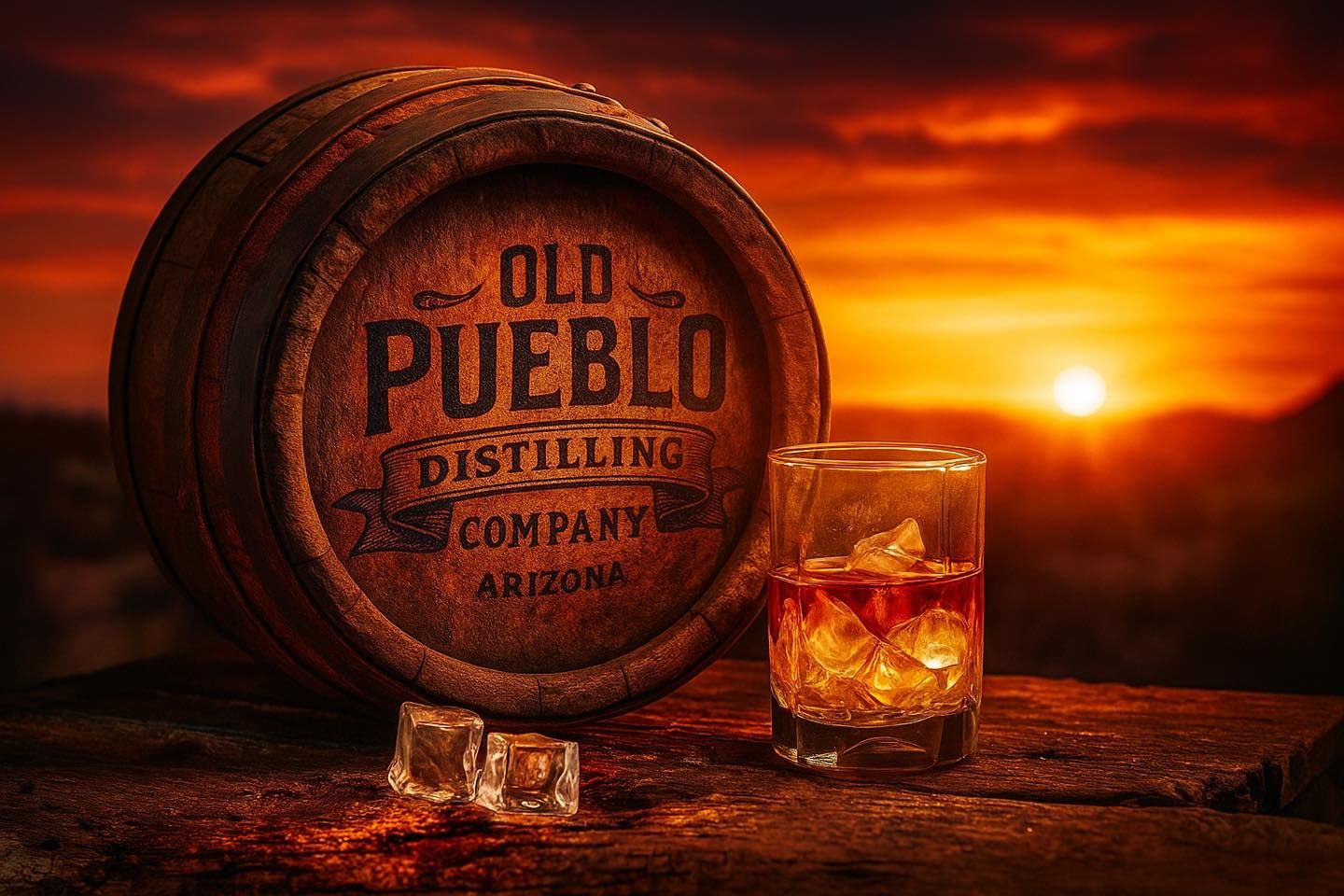 Whiskey barrel and glass with ice in front of sunset, branded