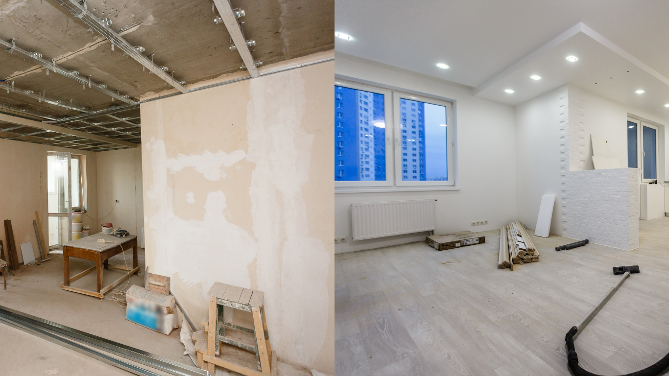 Renovated room under construction with white walls, exposed ceiling, blue window shutters, and tools on the floor