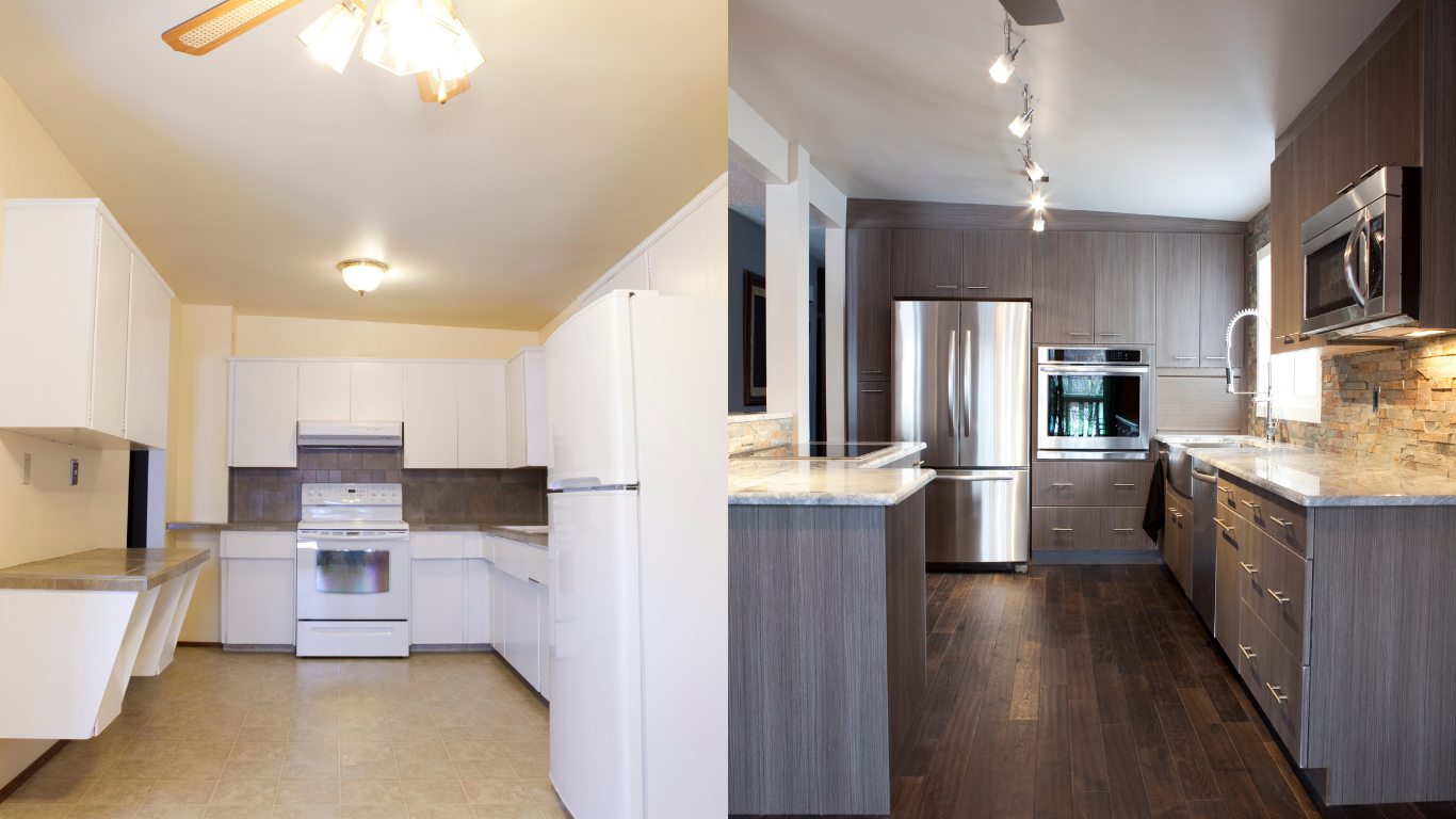 Split-view kitchen remodel: dated white kitchen on left, modern gray kitchen on right