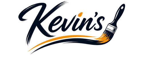 Kevin's logo with a paintbrush and black and orange swoosh