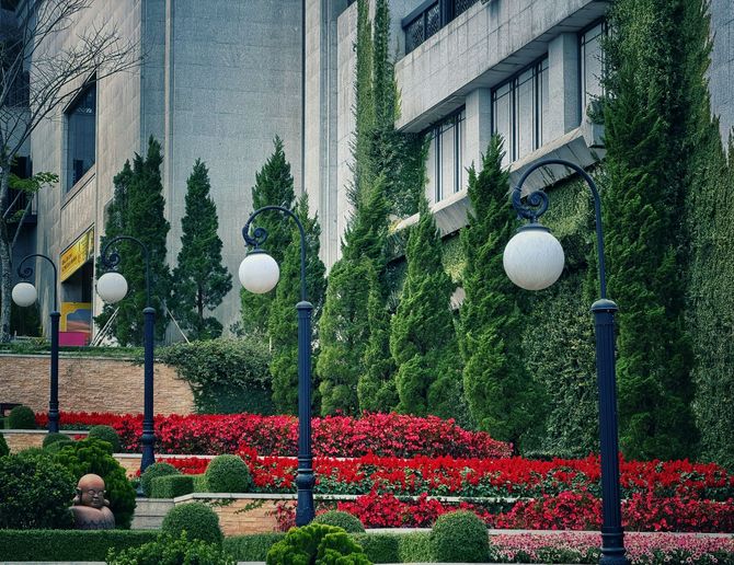 Street lamps line a terraced garden with red flowers and tall, slender green trees in front of a building facade.