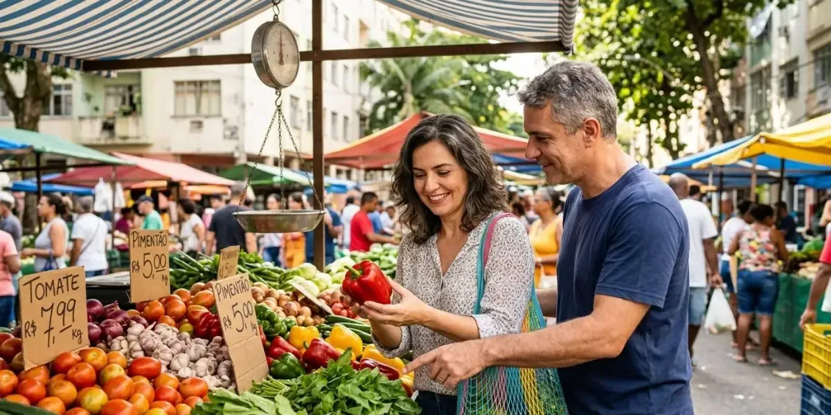 Casal feliz escolhendo legumes frescos em uma feira ensolarada, mostrando como é possível adaptar o stile di vita italiano e longevità no dia a dia do Brasil.