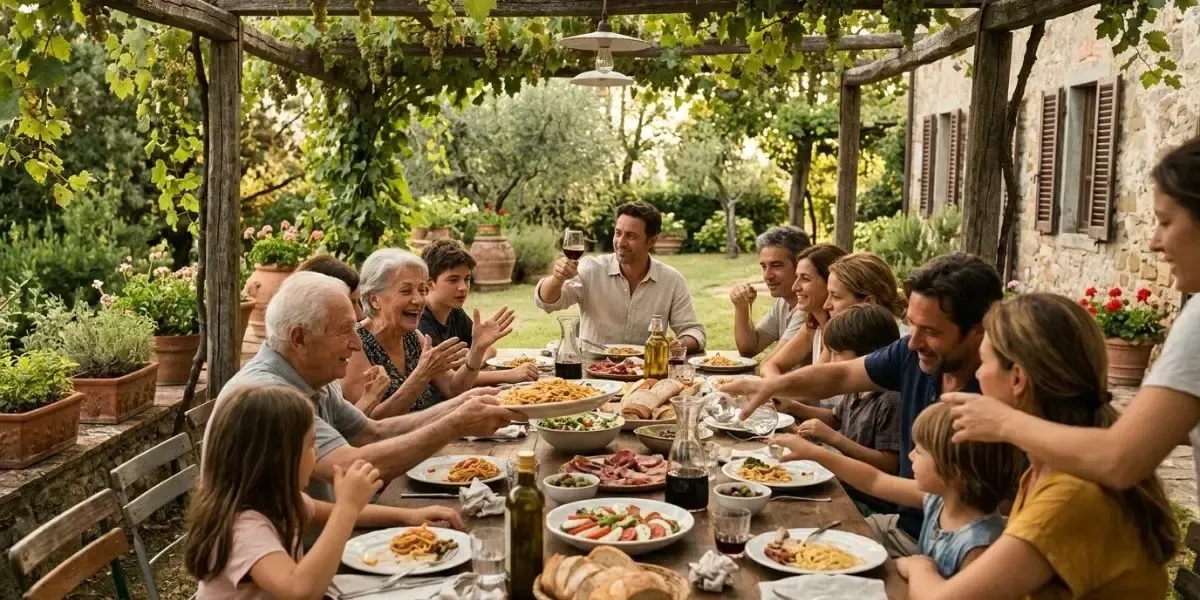 Grande família reunida sorrindo e brindando durante um almoço de domingo ao ar livre, mostrando a importância da comunidade no stile di vita italiano e longevità.