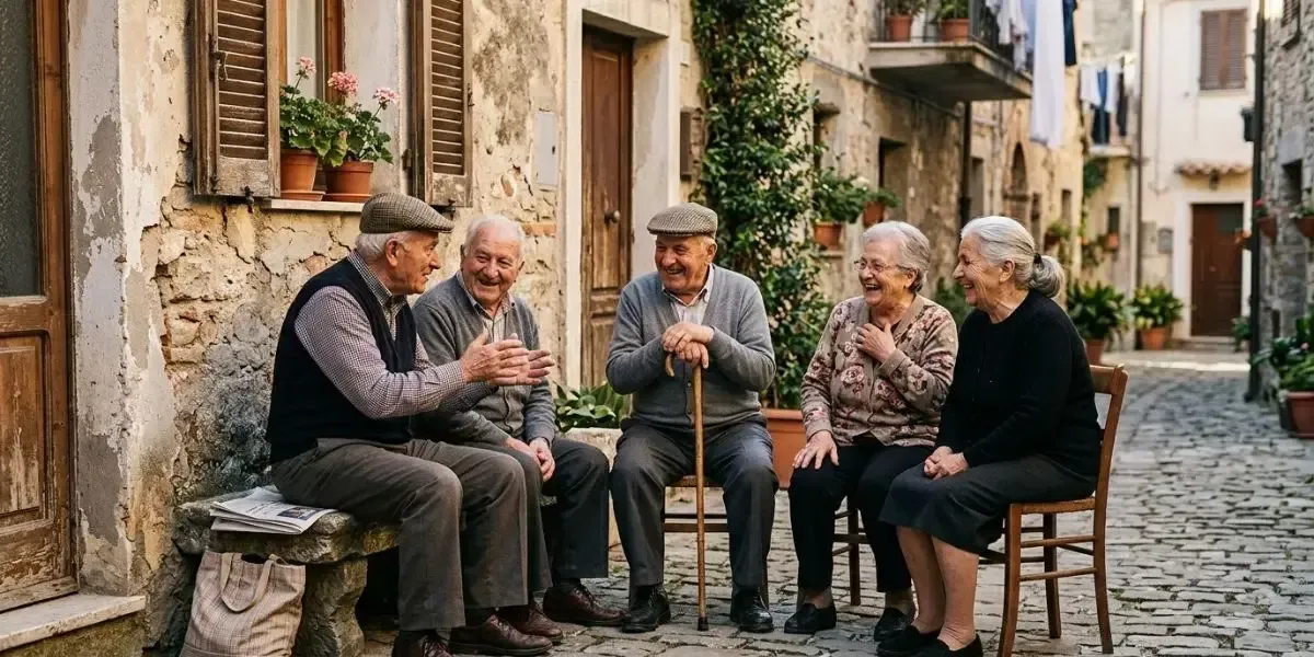 Grupo de idosos italianos sorridentes conversando em um banco de pedra na Sardenha, ilustrando a con