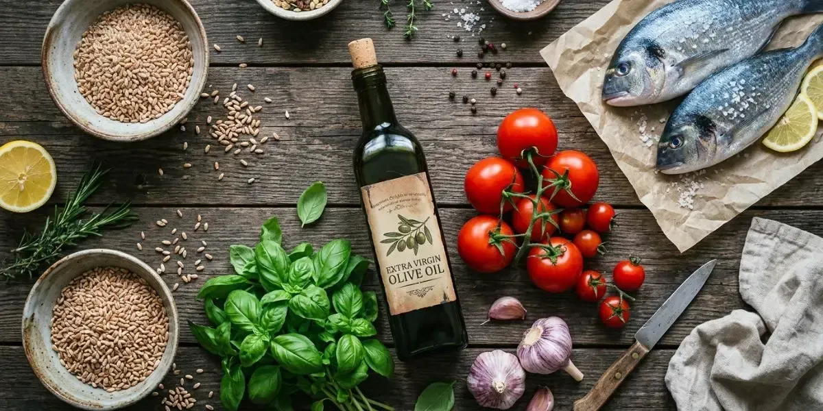 Mesa rústica vista de cima com azeite de oliva extravirgem, tomates e ingredientes frescos da dieta mediterrânea, o segredo alimentar do stile di vita italiano e longevità.