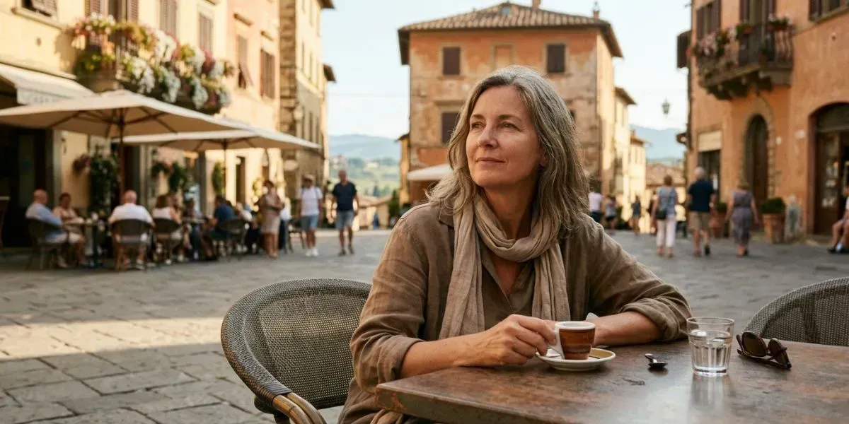 Pessoa relaxando e tomando um café espresso em uma praça italiana, praticando o dolce far niente típico do estilo de vida italiano e longevidade para combater o estresse.