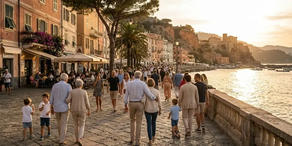Pessoas de várias idades caminhando juntas em uma rua histórica na Itália ao pôr do sol, representando a passeggiata, um hábito essencial para o stile di vita italiano e longevità.
