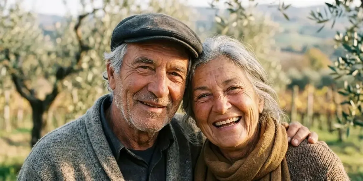 Retrato de um casal italiano com um sorriso feliz e genuíno em frente a um campo, refletindo a verdadeira essência e alegria do stile di vita italiano e longevità.