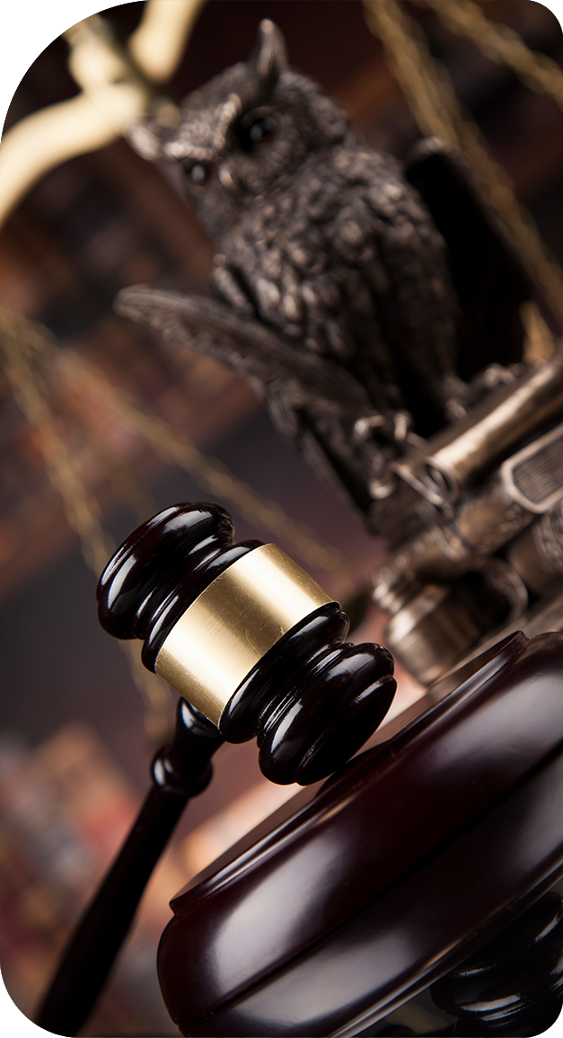 A statue of an owl is sitting on top of a wooden gavel.