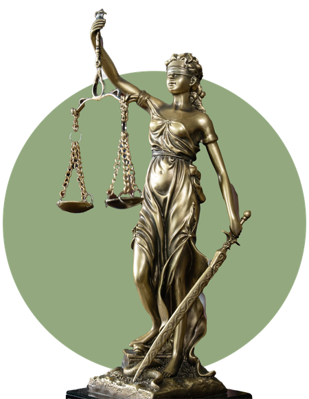 Statue of Lady Justice holding scales and sword, set against a green circle.