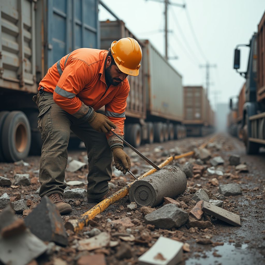 Worker in orange safety gear, helmet, gloves, using a tool on a concrete cylinder on a debris-covered road. Containers.
