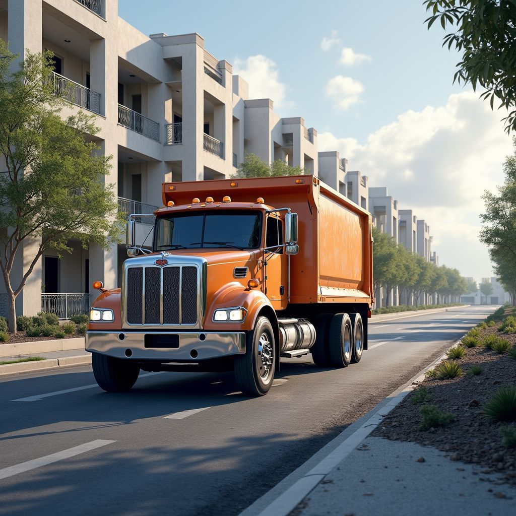 Orange dump truck driving on a road, residential buildings in the background. Sunny day.
