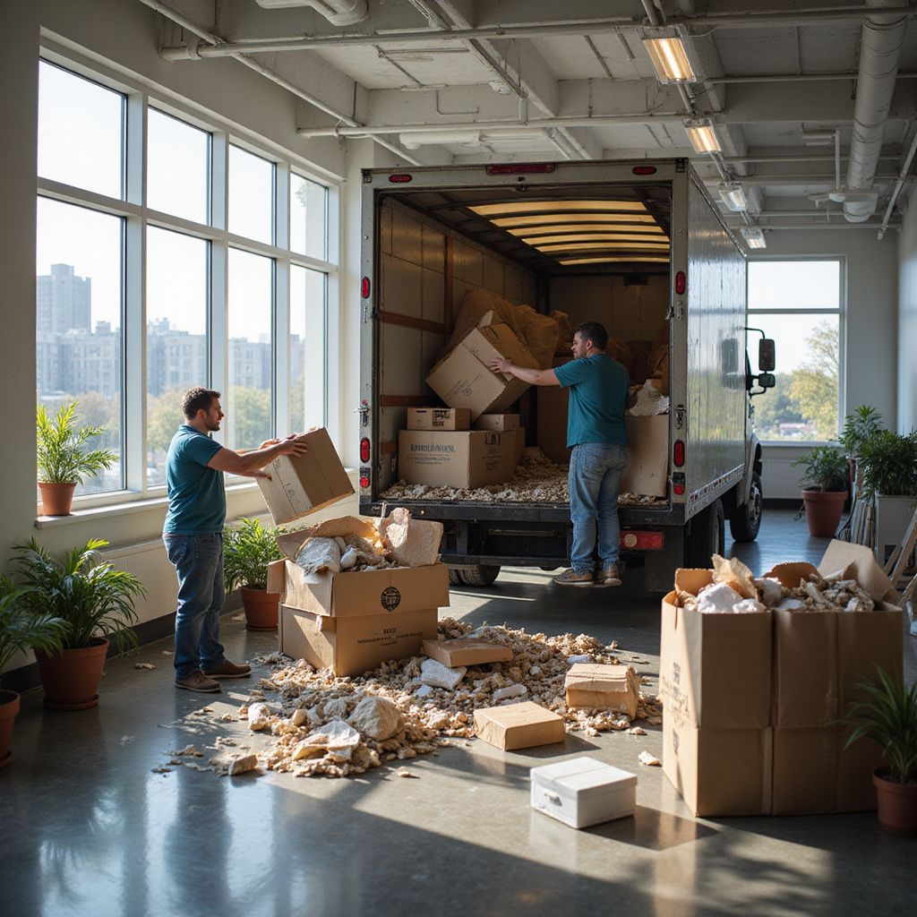 Men loading boxes into a moving truck, items scattered in an office space with large windows and plants.