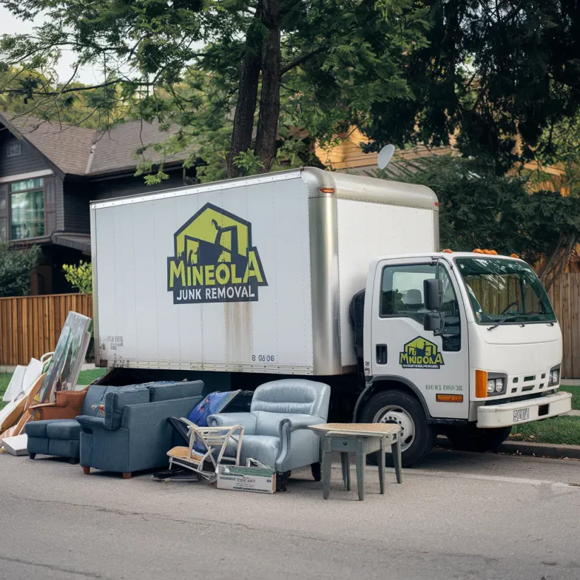 Mineola Junk Removal truck parked on the street, filled with discarded furniture.