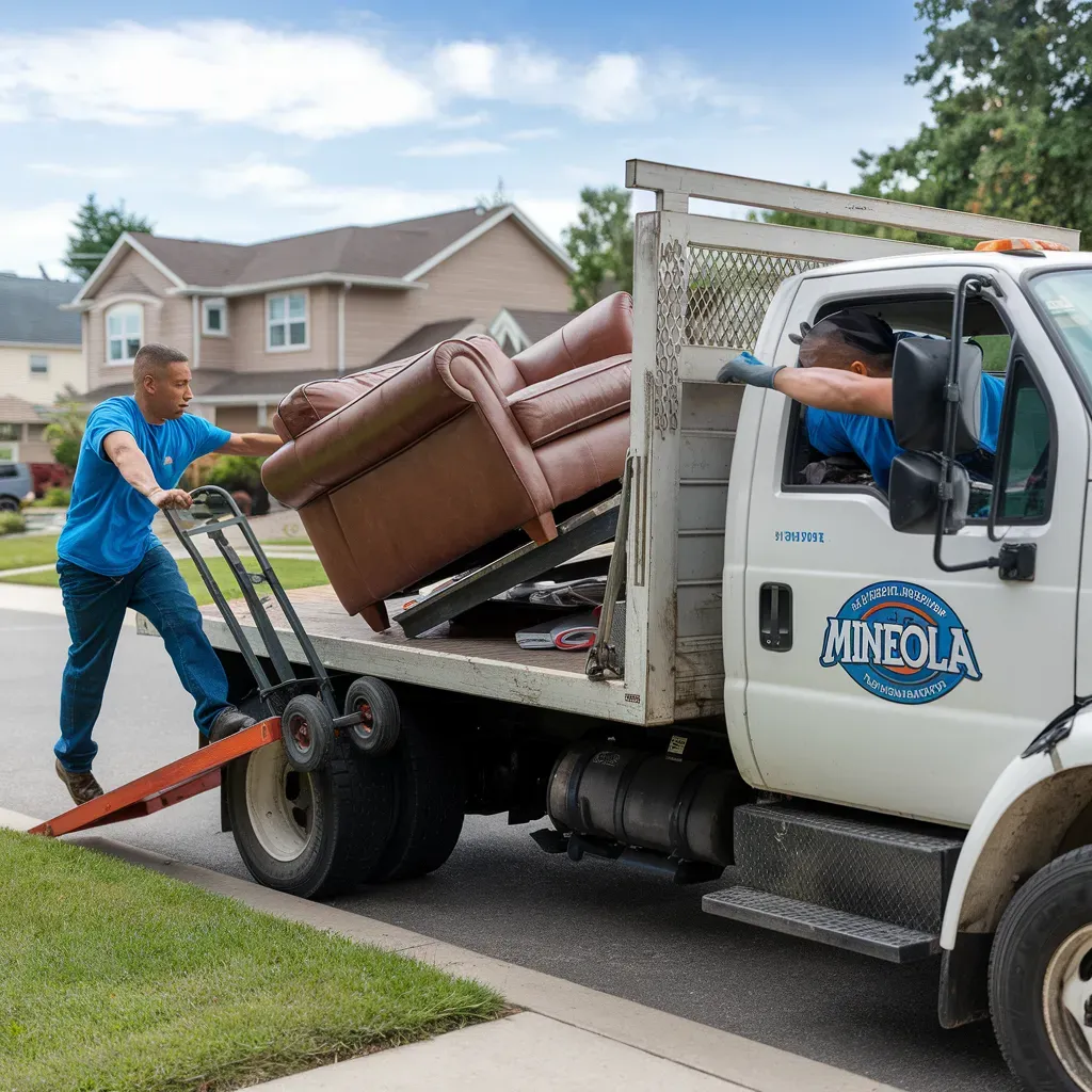 Two men loading a brown couch into a white truck with