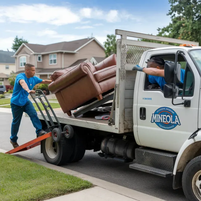 Two men loading a brown couch into a white truck with 