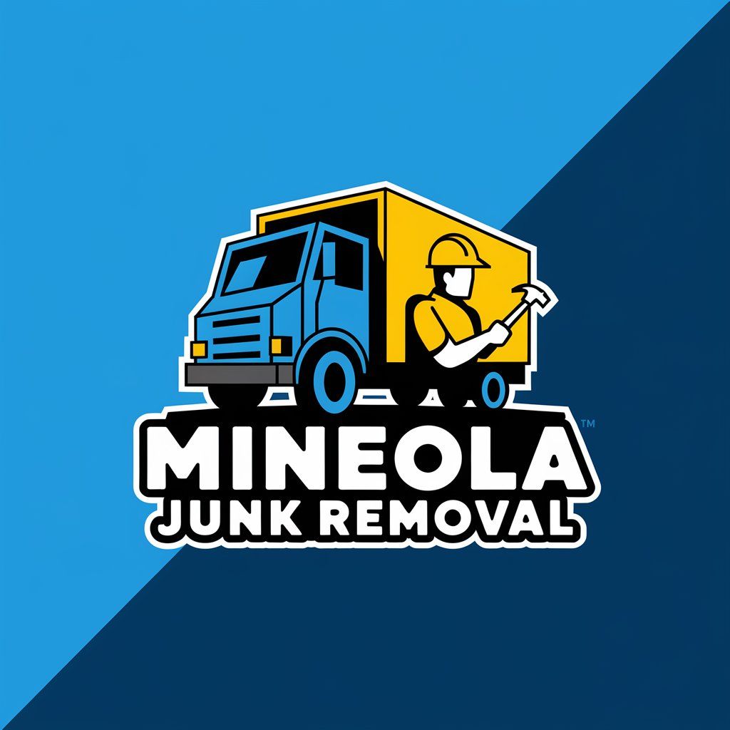 Logo for Mineola Junk Removal: blue truck, yellow background, man with hammer. Text: