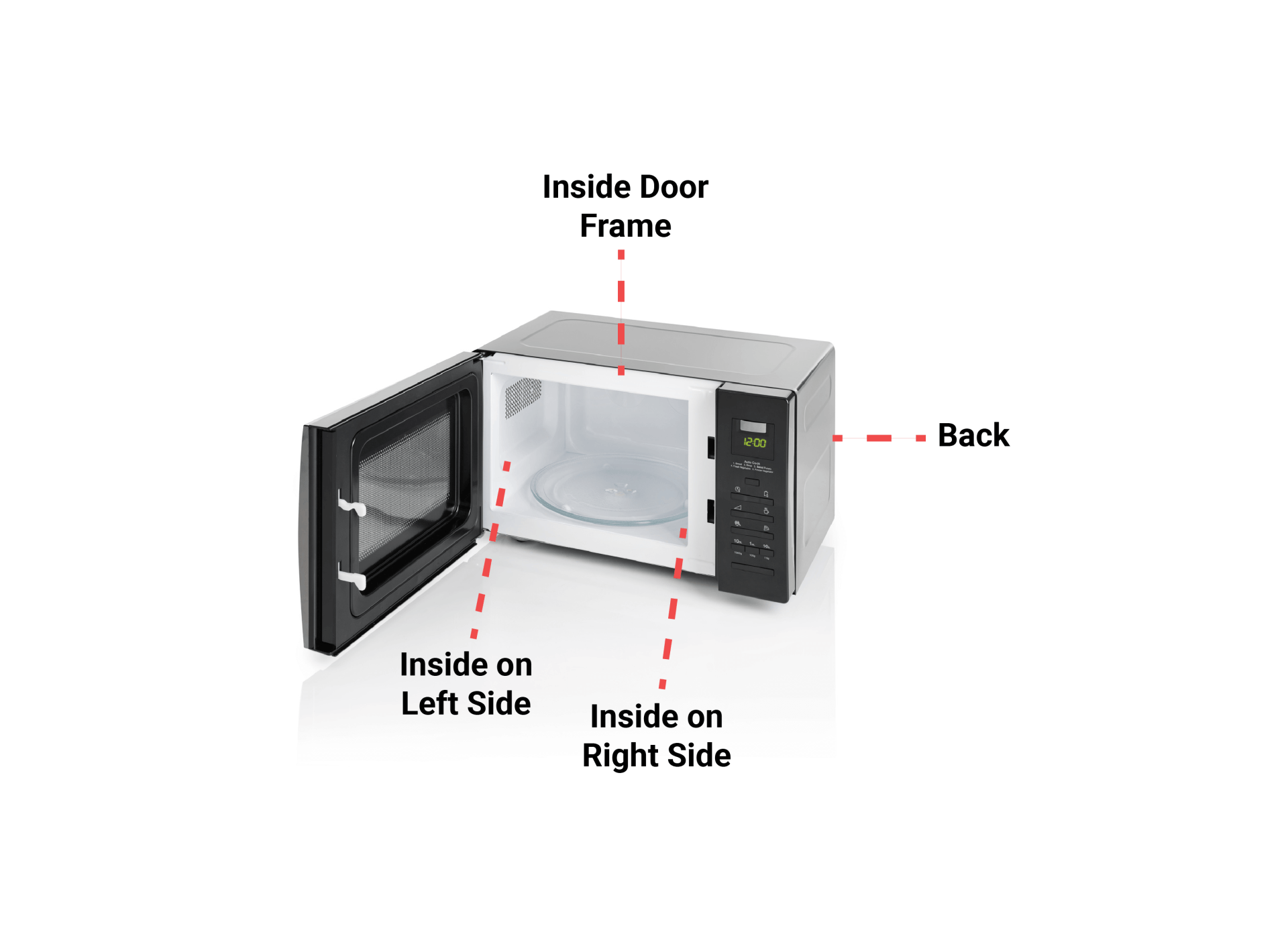 Microwave oven with the door open, showing the inside, including the inside door frame, left and right sides, and back.