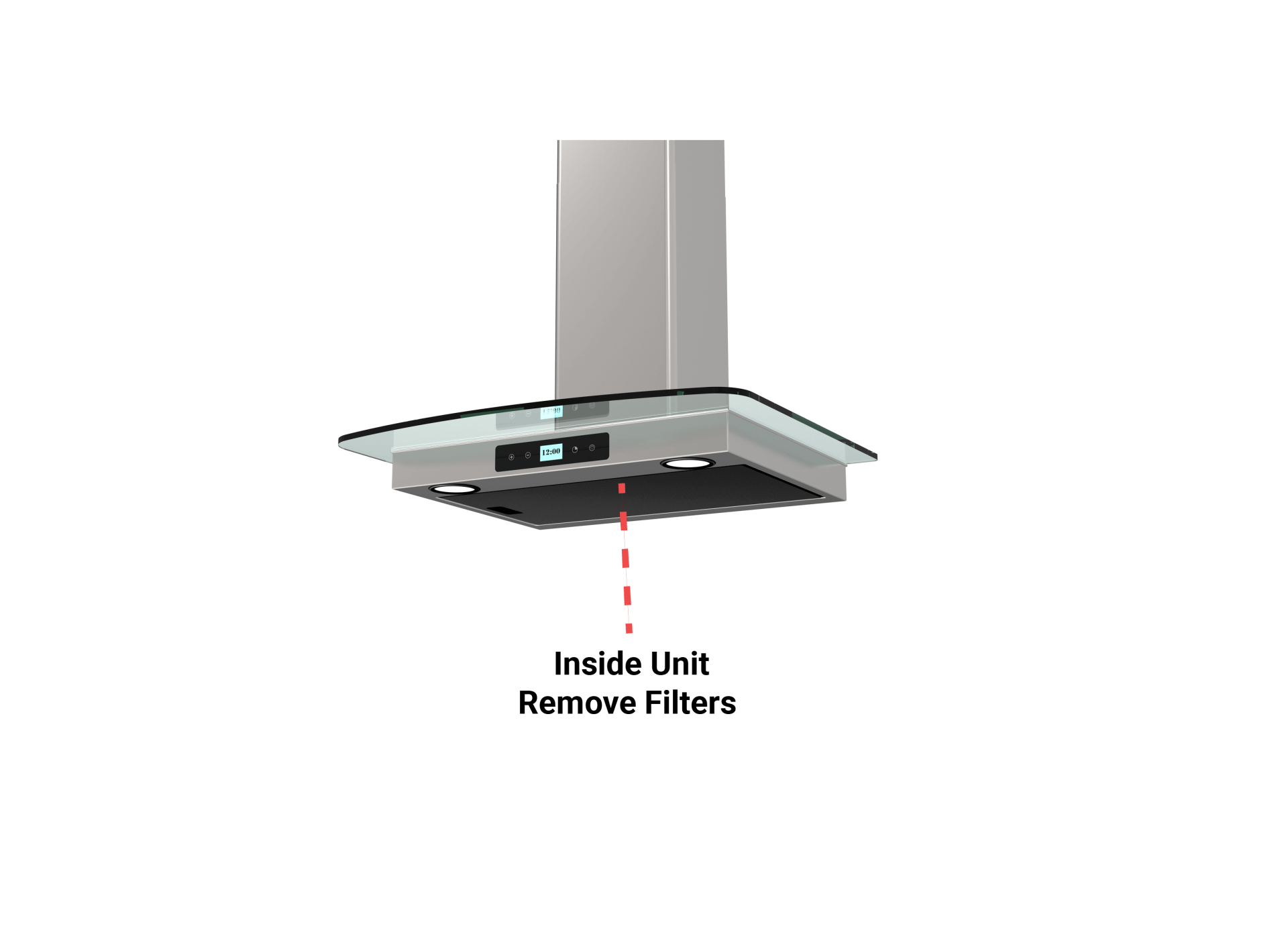 Range hood with a glass and stainless steel design. A diagram highlights the area inside unit for filter removal.