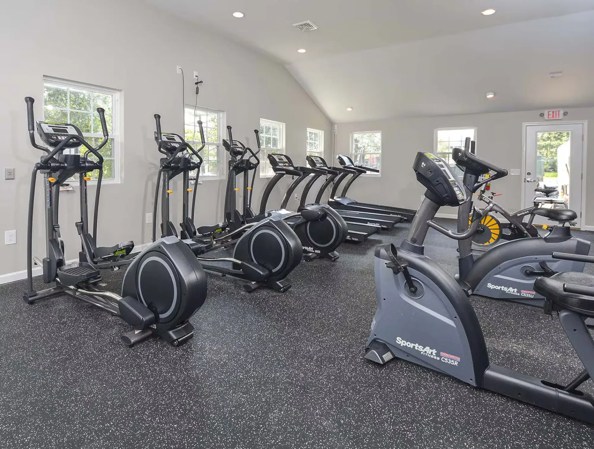 Gym with exercise equipment: ellipticals, treadmills, and stationary bikes on a black speckled floor.