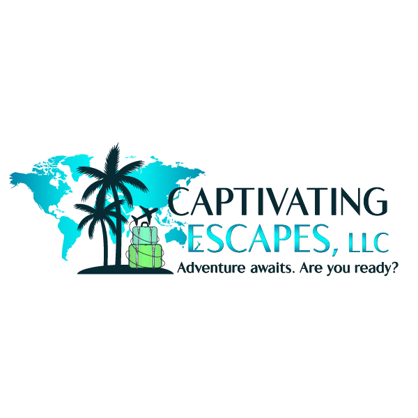 Logo: Blue world map, palm trees, luggage, "Captivating Escapes, LLC," tagline: "Adventure awaits. Are you ready?"