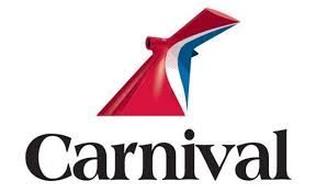 A carnival logo with a red , white , and blue triangle on a white background.