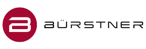 Bürstner-Logo mit rotem Kreisemblem und grauem Schriftzug auf weißem Hintergrund
