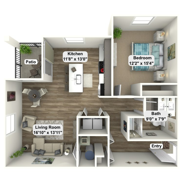 A 3d floor plan of a house with a living room and bedroom