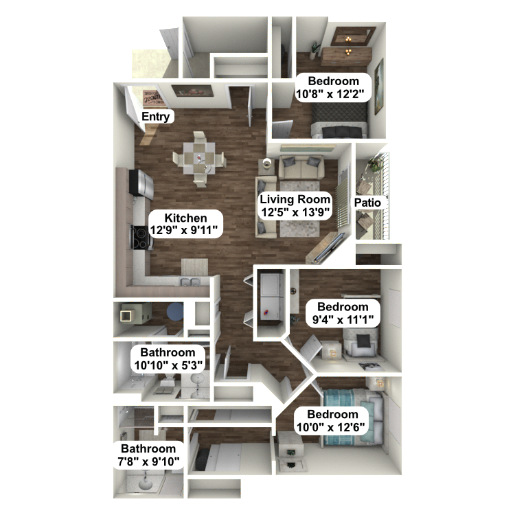 A floor plan of a house with three bedrooms , two bathrooms , and a living room.