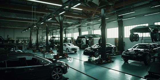 A garage filled with cars being worked on by mechanics.