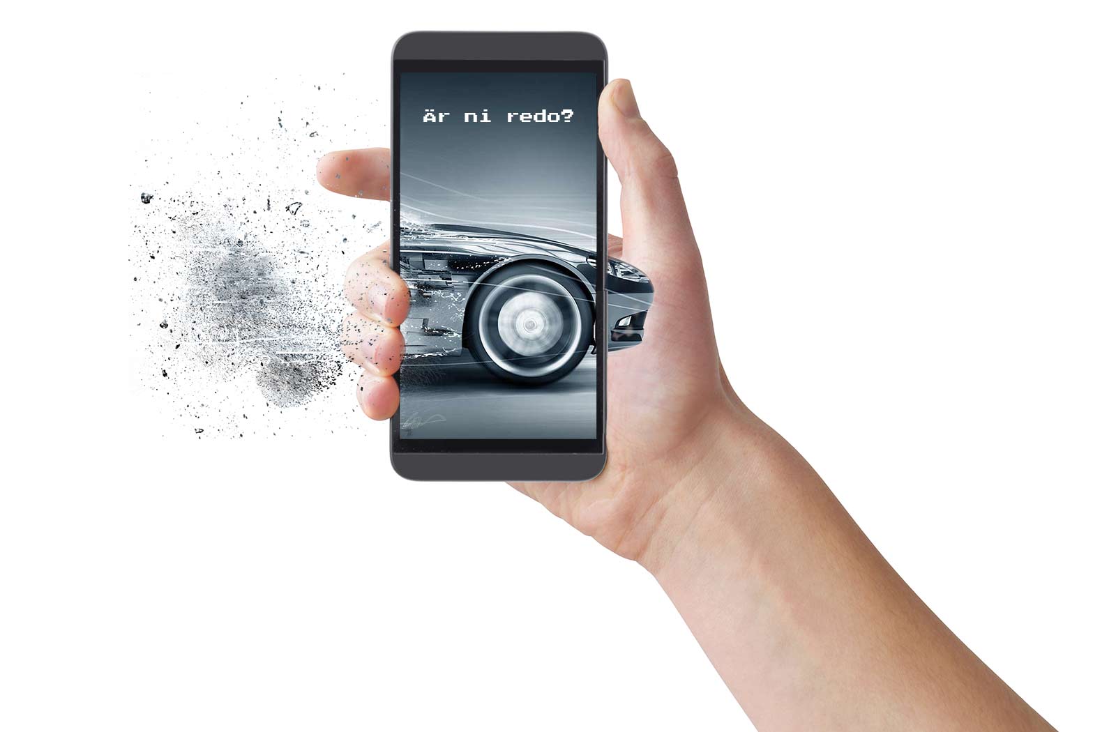 A hand is holding a cell phone with a picture of a car on the screen.