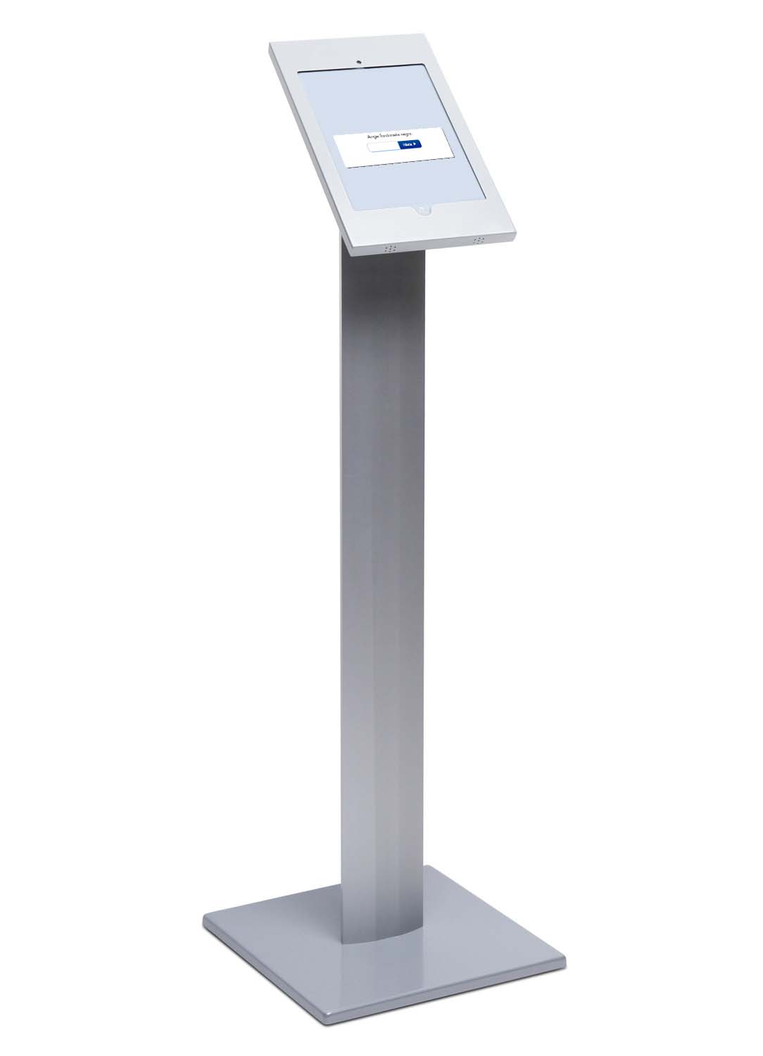 A tablet is sitting on top of a stand on a white background.