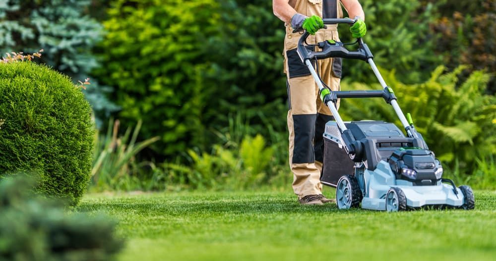A Man is Mowing a Lush Green Lawn With a Lawn Mower — Land to Mow Garden Services Wagga In Wagga Wagga, NSW