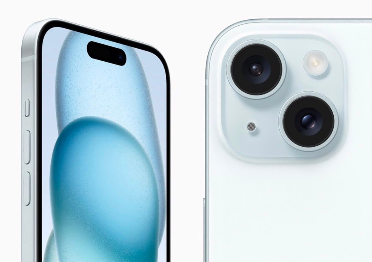 Dos teléfonos inteligentes de color azul claro, vista frontal y trasera, con cámaras duales
