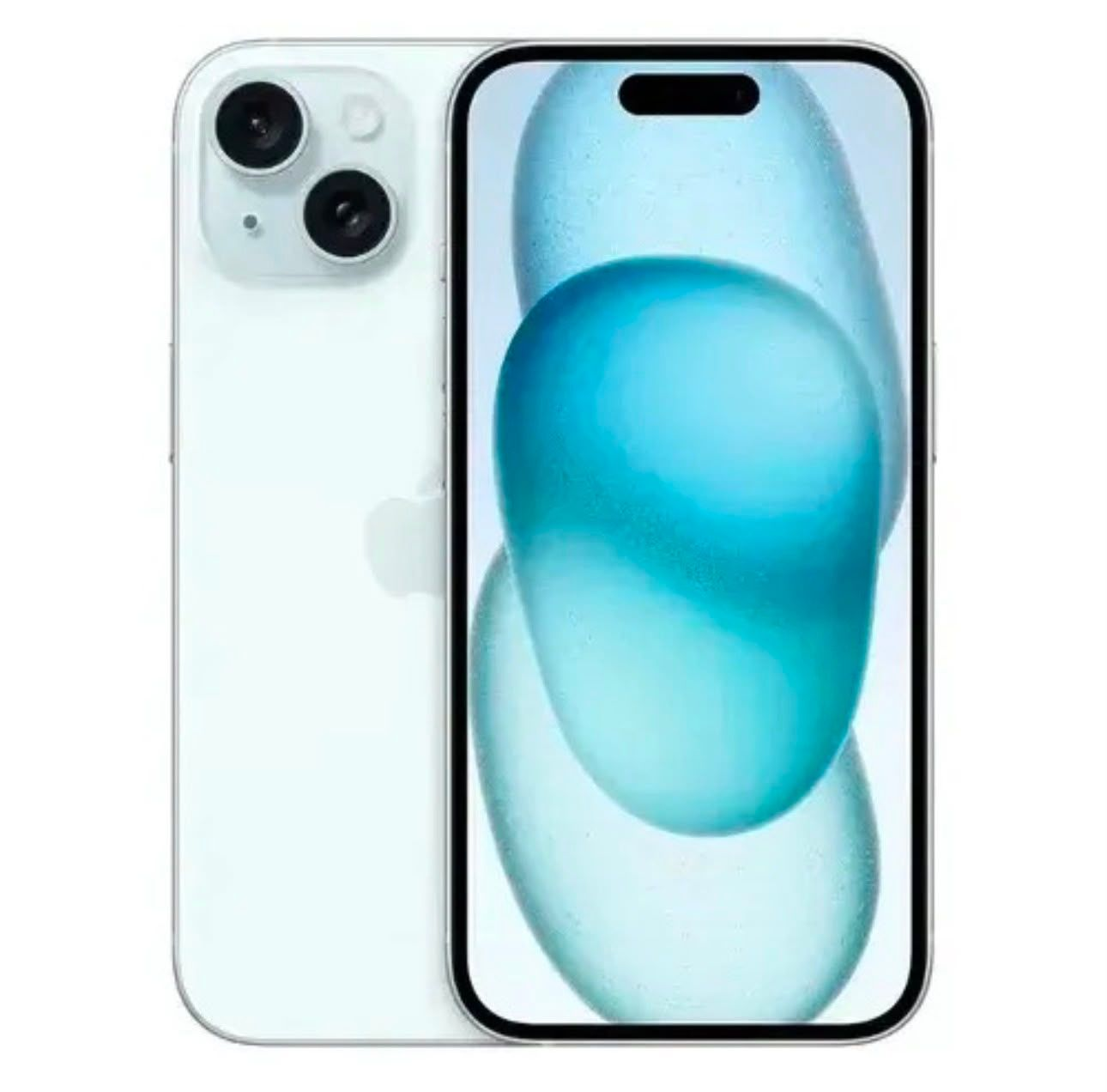 Dos teléfonos inteligentes de color azul claro, vista frontal y trasera, con cámaras duales
