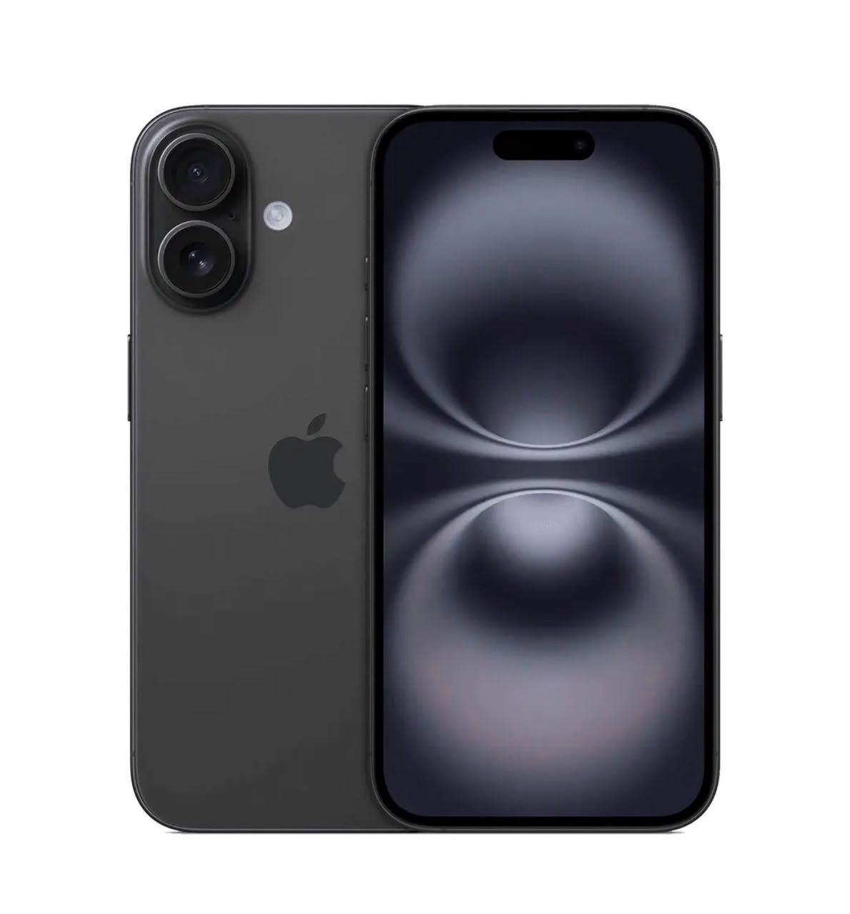 Se muestra un iPhone negro por delante y por detrás con cámaras duales sobre un fondo blanco.