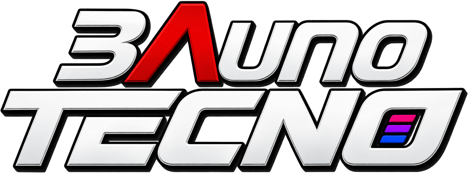 Logotipo de 3Auno Tecn en color plata metalizado con una “A” roja y detalles azules sobre fondo negro.