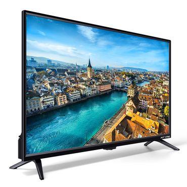 Televisor de pantalla plana que muestra un paisaje urbano brillante con un río bajo un cielo azul.