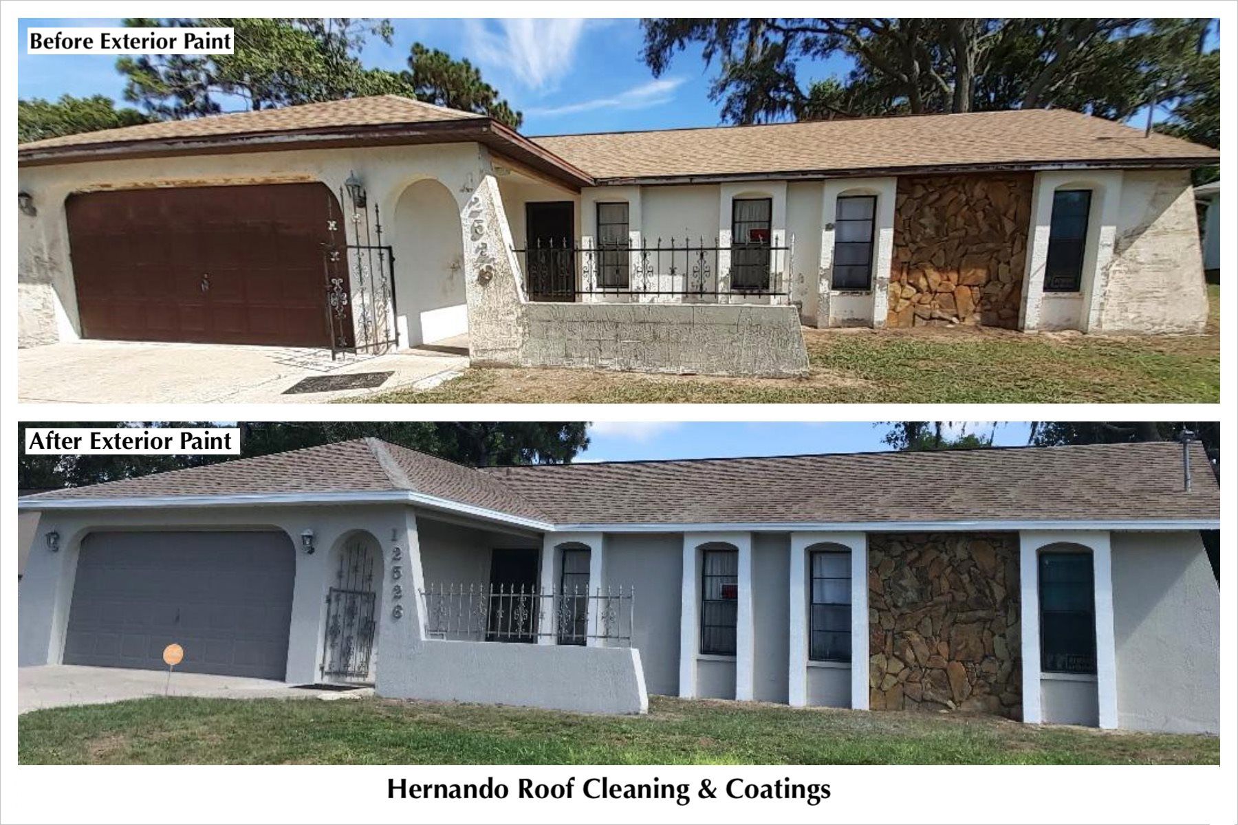 Before and after house painting, showcasing exterior color changes, tan to gray, and garage door transformation.