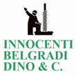 Figura nera rivolta verso l'alto accanto a una struttura a spirale; testo verde: Innocenti Belgradi Dino & C.