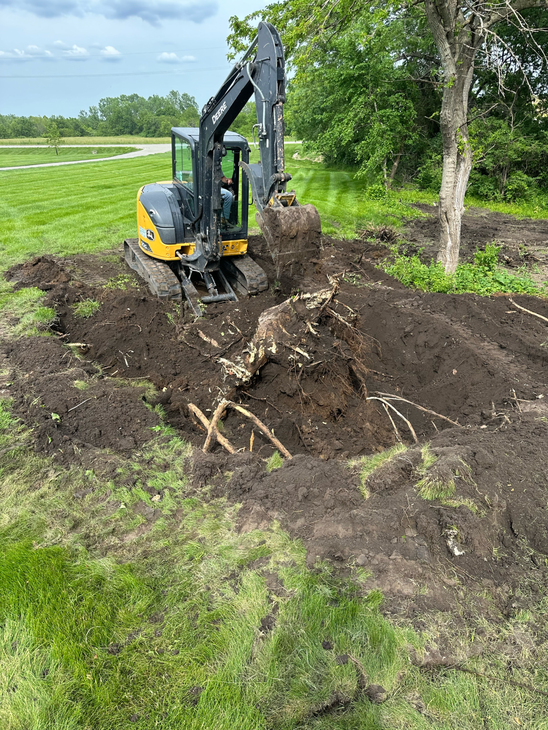 A small excavator removes a tree stump in a grassy yard.