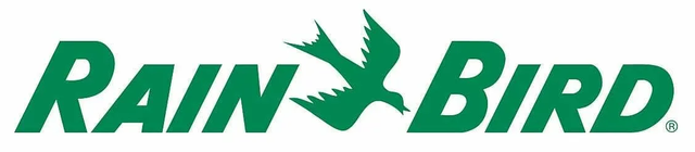 Rain Bird logo: Green text and bird icon on white background.