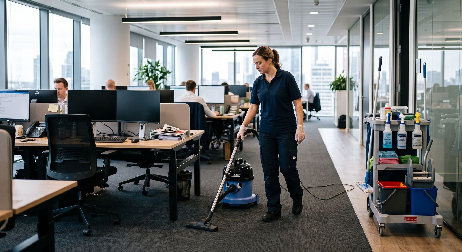 Office cleaner vacuuming a modern open-plan workspace with desks and seated employees