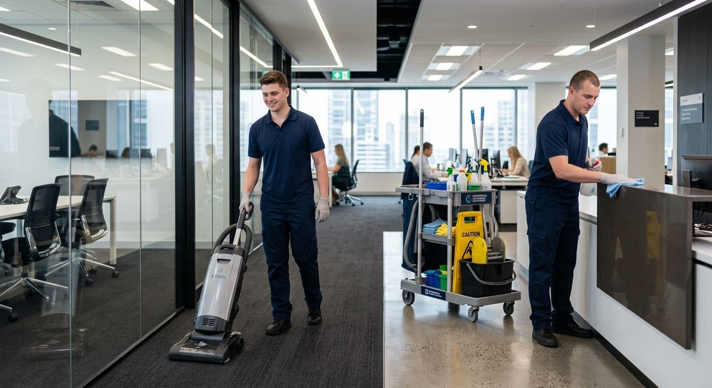 Two men in a modern office hallway, one vacuuming and one cleaning near a cart of supplies.