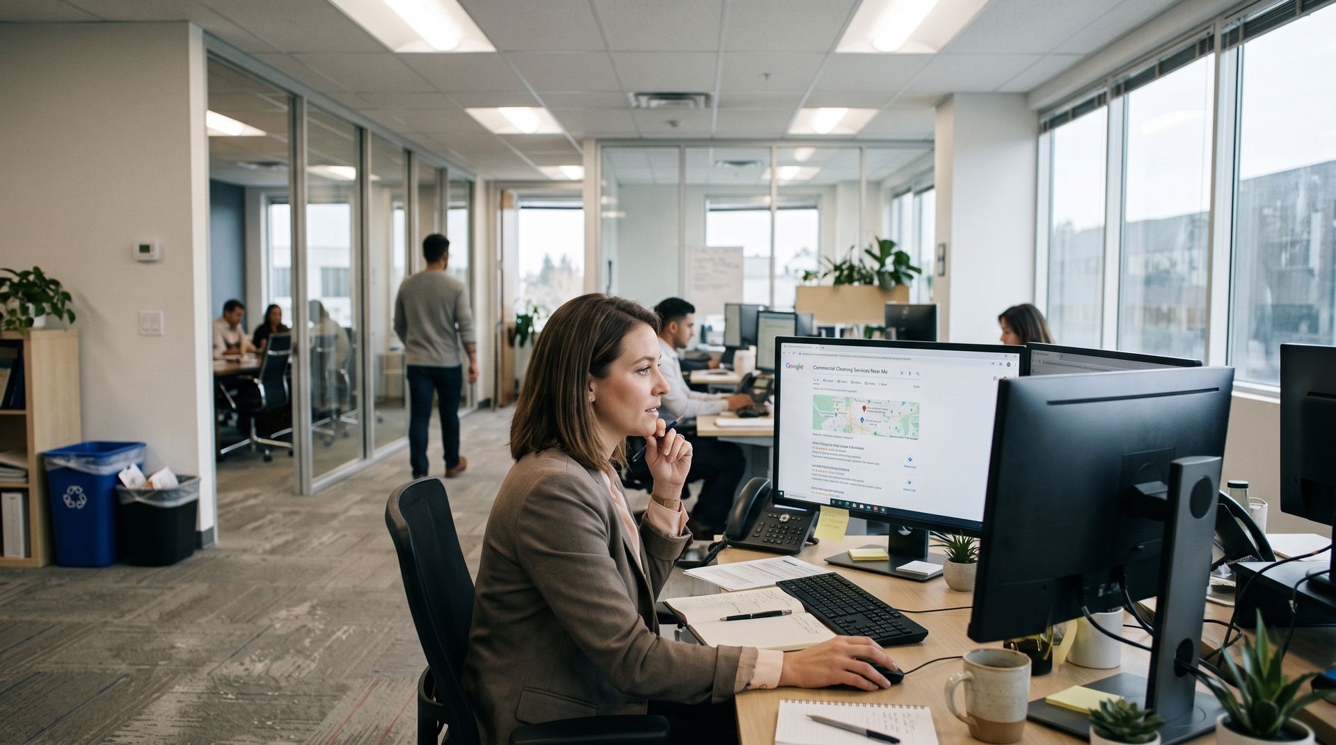 Open office with people at desks, a woman typing at dual monitors by glass walls.