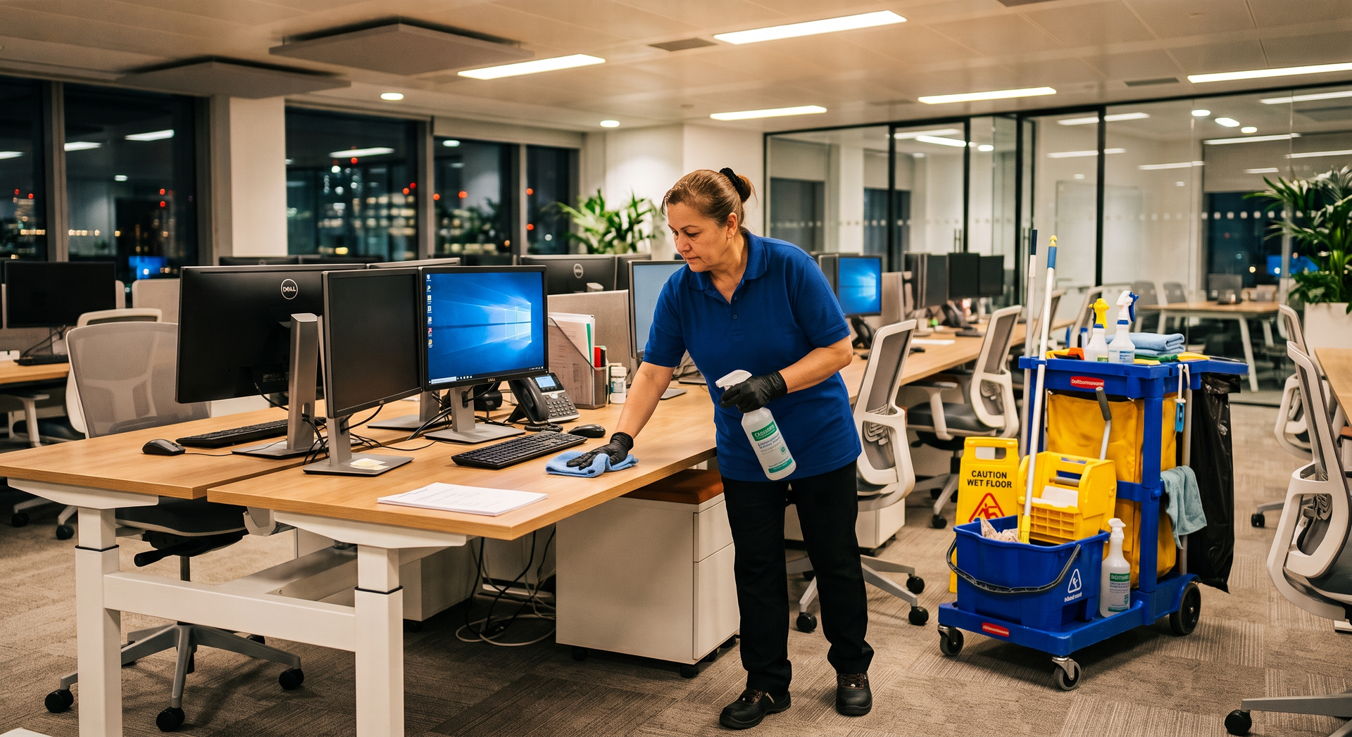 Office worker cleaning a desk in a modern open-plan office with computer monitors and a blue janitorial cart.
