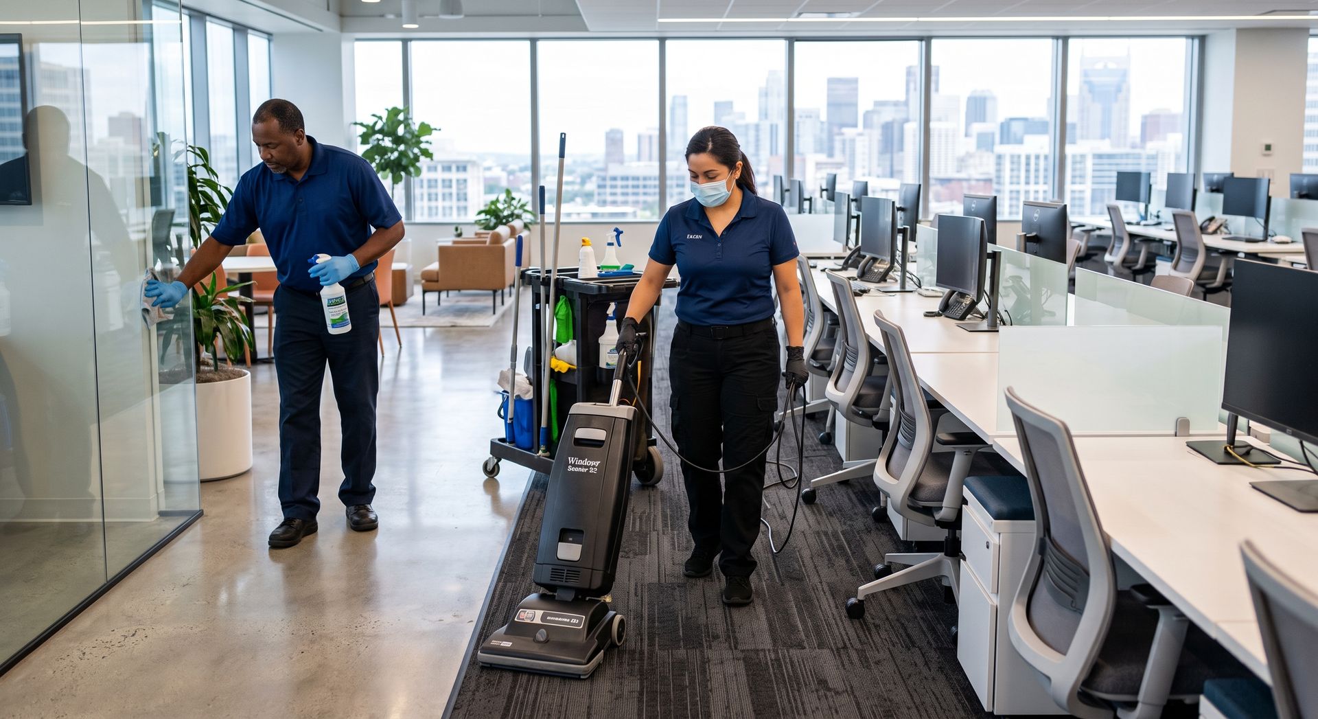 Two cleaners in navy uniforms vacuuming an office with rows of desks and computers.